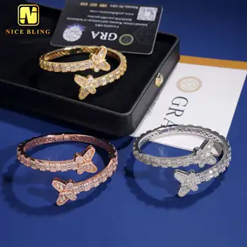 Hip Hop Fine Jewelry Butterfly Bangles Baguette Diamond Bracelets Gold Plated Silver Moissanite Bangles Engagement Gifts