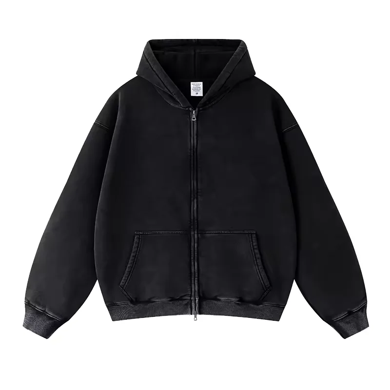 Retro Cropped Zip-Up Hoodie (Heather Black/White) [Boxy +
