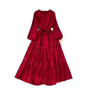 Summer Women's Roman V-Neck Tunic Casual Midi Dress Lantern Sleeves Empire Hollow Lace Dress Solid Pattern Front Sustainable