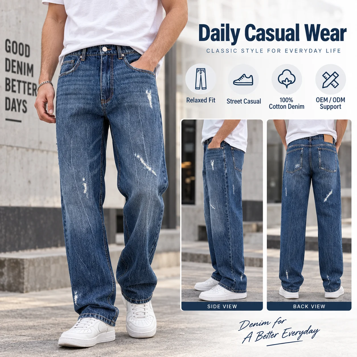 Custom Baggy Jeans Men Wide Leg Streetwear Denim Pants Vintage Wash Design Y2K Style Mens Jeans