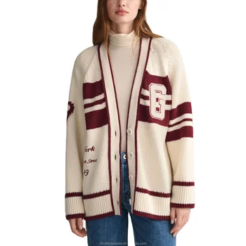 Custom Logo Women Long Sleeve Relaxed Fit Embroidery Patch Varsity V-Neck Cardigan Sweater