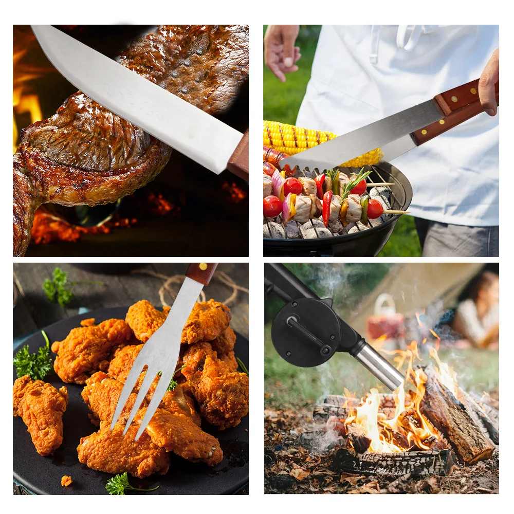 W013 Stainless Steel Bbq Tools Grill Accessories Outdoor Tongs Tool Kit Wood Handle Barbecue