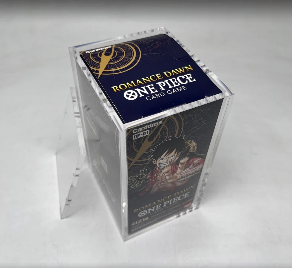 one piece booster box acrylic case TYPE 3 (OP-01 Blue Bottom & OP-02 Brown Bottom) our custom designed stackable cases stack flawlessly Custom Design One Piece Booster