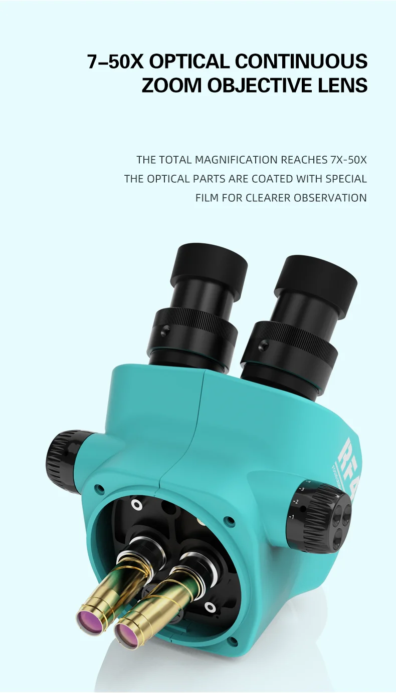 RF4 RF7050TVW 7-50X Electronics Trinocular Microscope With STL2 Double-arm Boom Stand for Phone PCB Soldering Welding Tool