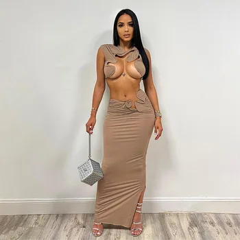 European and American 2024 summer women's new three-dimensional lace crop top sexy cut-out slit slim long skirt set