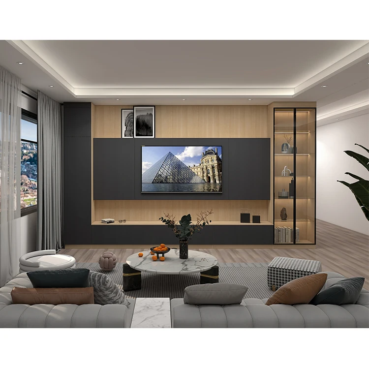 Custom Living Room Floating Led Light Tv Unit Stand Cabinets Set Modern Wall Hanging Mdf Wooden Tv Cabinet for Home Hotel Villa