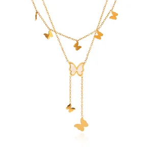 MW Fashion White Shell Collarbone Chain Stainless Steel Double-layer Layered Butterfly Pendant Tassel Necklace for Women's