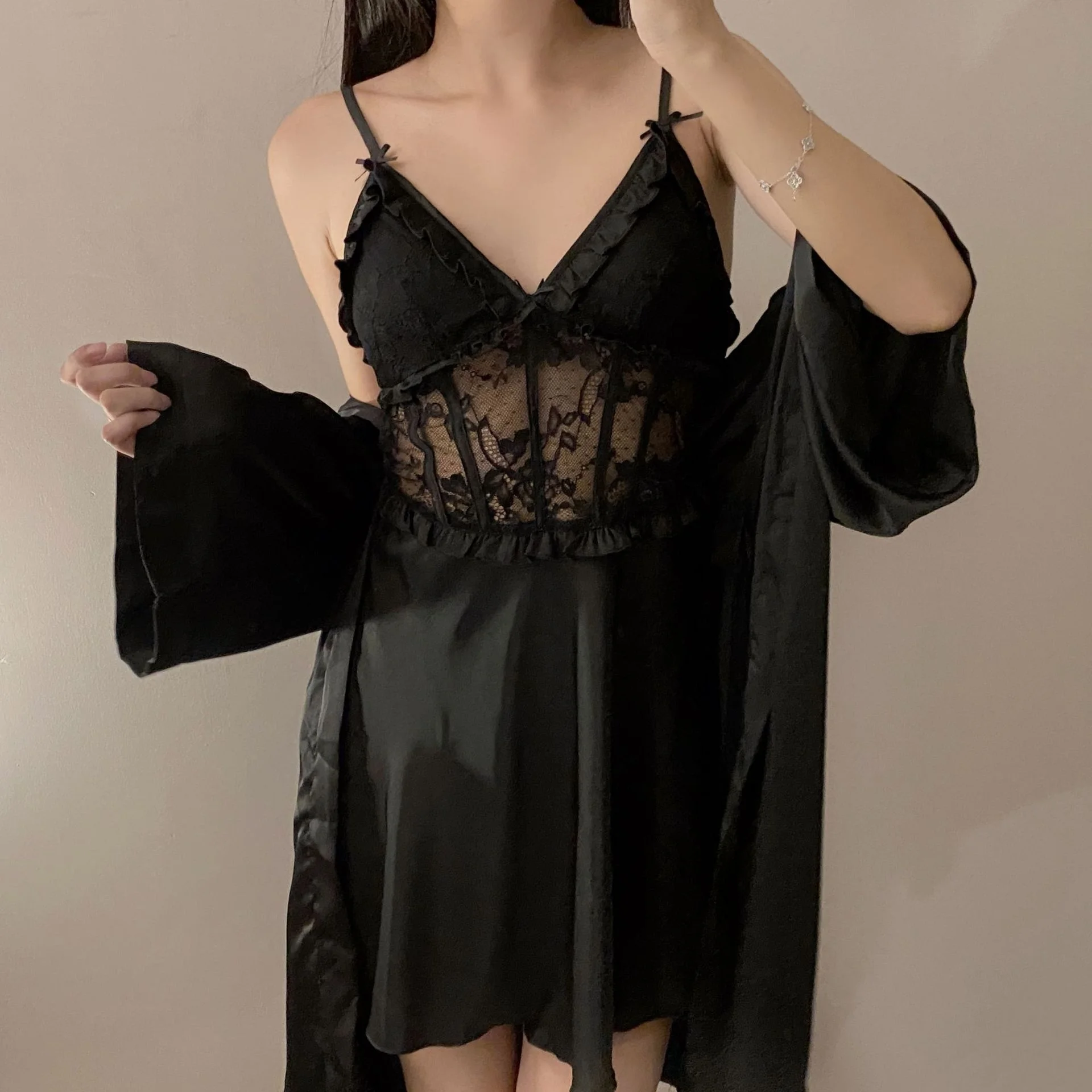 Solid Color Two Pieces Lace Embroidered Sleepwear Robe Set Sexy Marriage Bridal Robe Elegant Silk Satin Pajamas for Women