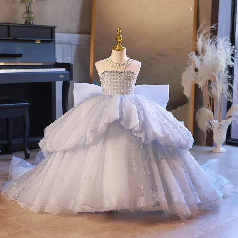 European Style Flower Girl Wedding Gown Shiny Long Tail Children's Princess  Evening Dress Noble Grey Kid Birthday Dress for 10Y