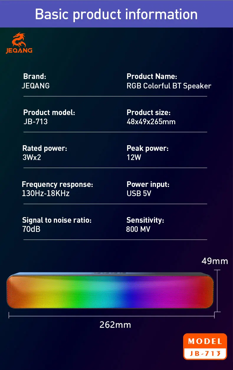 Jeqang JB-713 Modern Portable Wireless RGB Sound Bar Waterproof Computer Speakers USB Aux Communication Plastic for Outdoor Use