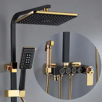Hot Selling Thermostatic Shower Set Black With Gold 4 Functions Shower System Wall Mounted Bathroom Shower Faucet