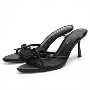 4302A-65 Summer Breathable Sexy High-heeled Sandals Fashionable Black Lace Bow Decor Women Mule slippers