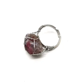 Raw Healing Tourmaline Ring Copper Wire Wrapped Irregular Crystal Gemstone Adjustable Ring Jewelry for Women