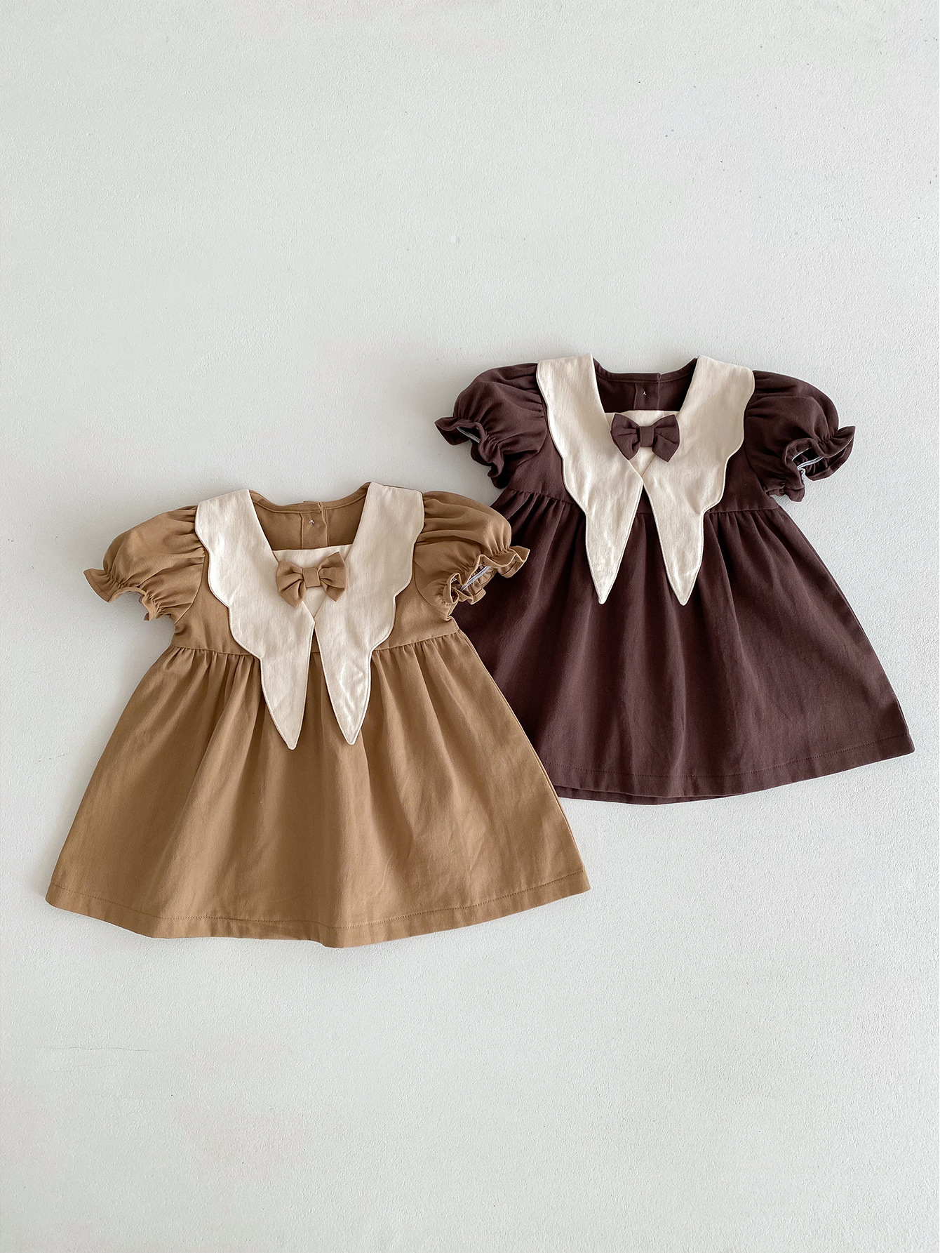 HANOU Solid Khaki Brown Infant Toddler Girls Puff Sleeve Dresses