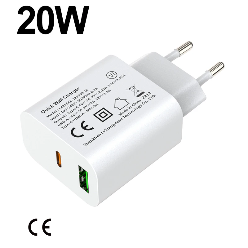 Adaptor pengisi daya Cepat PD USB-C 20 watt, adaptor pengisi daya cepat dua  Port dengan colokan UE untuk penggunaan kamera