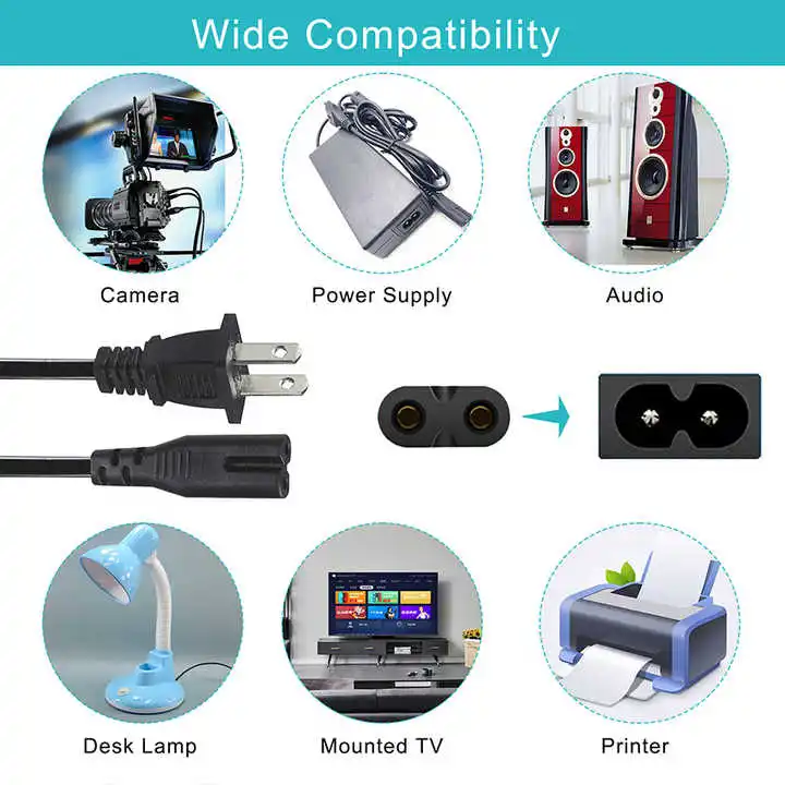 Flat Usa Nema 1-15P Iec 60320 2Pin American Extension 2 Prong Nema-1-15P to Iec320-C7 Plug C7 Polarized Power Cord