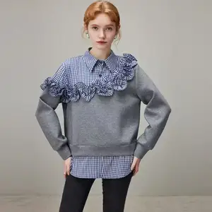 Wholesale Winter 2026 New Fashion Casual Fake Two-piece Plaid Shirt Splicing Women's Long Sleeve Sweater