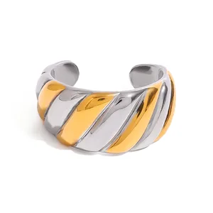 MW Women's Fashionable and Simple 18K Gold-Plated Stainless Steel Ring - Twisted Pattern, Two-Tone Design, Open and Adjustable