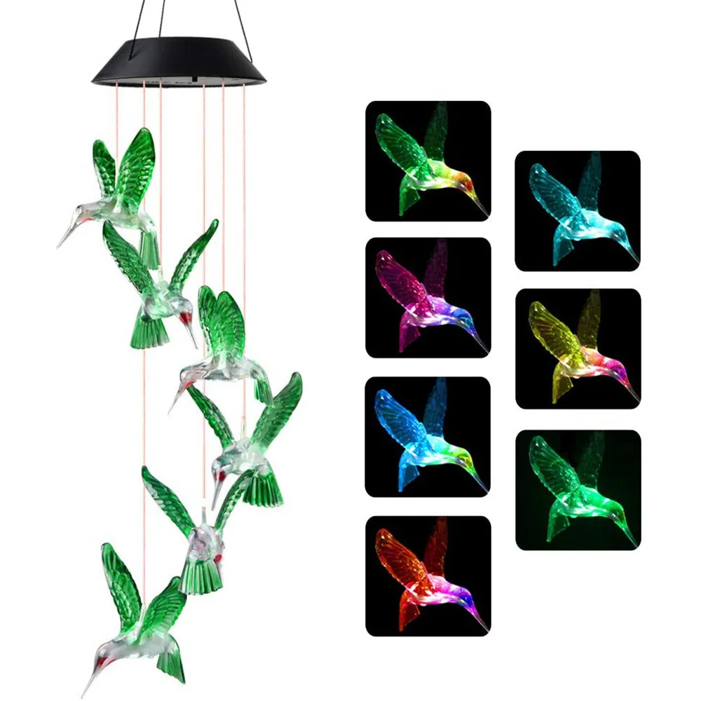 6 Humming Bird RGB Color Changing Solar Wind Chime Light Outdoor Waterproof LED Solar Light Manufacturer