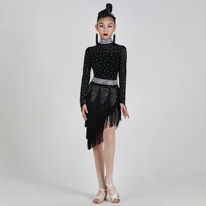 Rhinestone Children's Latin Dance Dress Long Sleeves Tassel Performance Costumes Black Latin Dress Competition Dance Costume
