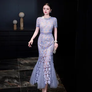 Factory Wholesale European Women's Lace Dress 2026 Spring Summer New High-End Luxury Translucent Empire Waist Long Slim Fishtail