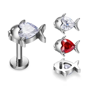 G23 Titanium 16G Labret Lip Studs Fish Animal Style Zircon Earrings Flat Back Tragus Helix Lobe Fashion Piercing Jewelry