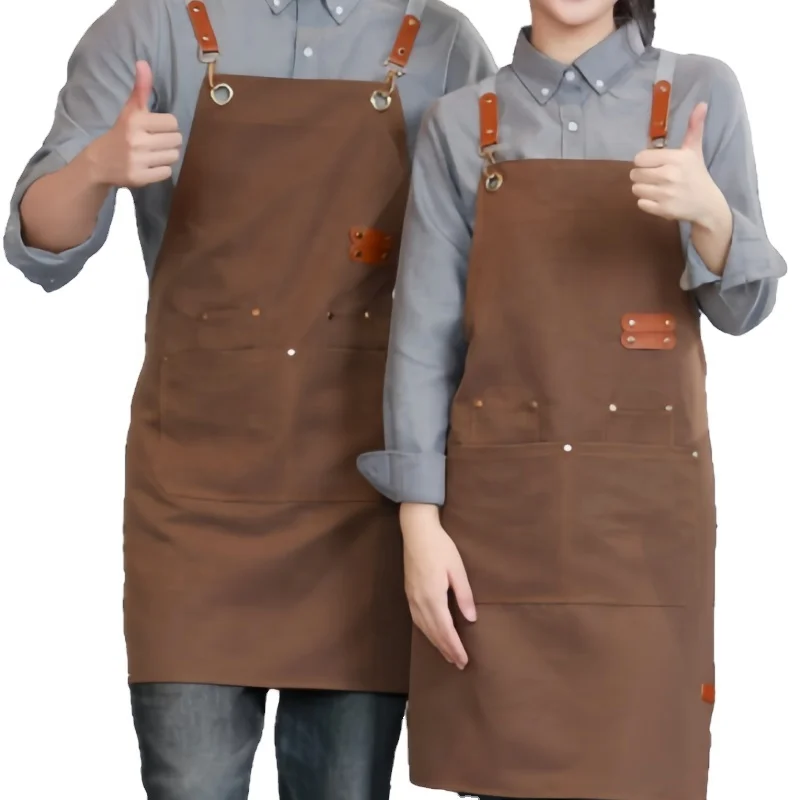 Custom Waterproof Oil Resistant Kitchen Canvas Apron with Pockets for Restaurants Coffee Shops Garden BBQ Salons