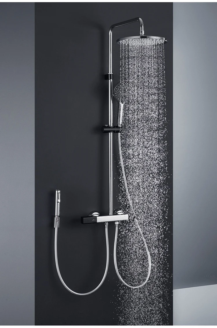 Sistema de ducha de lluvia expuesta montado en la pared para baño frío y caliente cromado negro