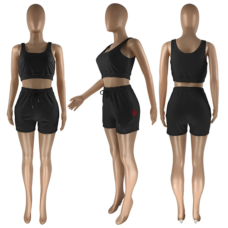 
2021 Summer Wholesale Clothing Crop Top Two Piece Shorts Pants Set Joggers Sets Biker Short Sweatsuit Sweat Short Set Women 