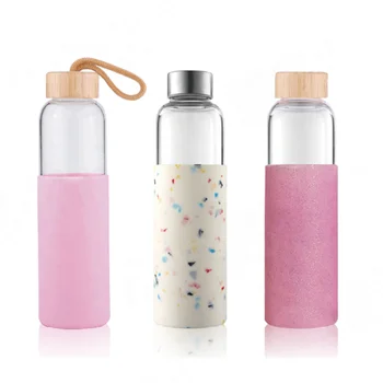 Reusable BPA Free Wide Mouth Wholesale Glass Drinking Water Bottles With Time Marker Reminder Protective Sleeve and lids