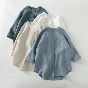 Wholesale 2026 Summer Japanese Loose Solid Color Cotton and Linen Seven-point Short-sleeved Cotton Linen Women's Blouse