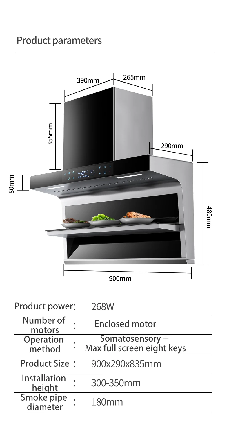 Touch Screen Range Hood 90cm 60cm Black Extractor Cooktop Hood Smart Automatic Cleaning Kitchen