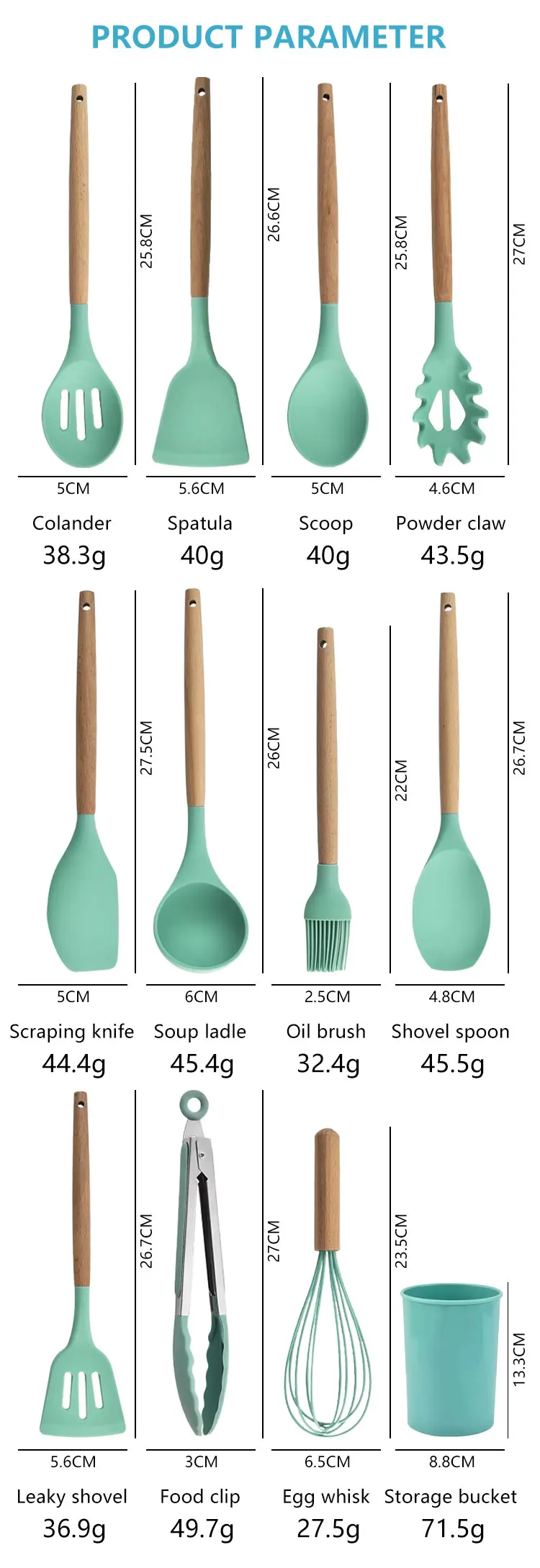 Wholesale 12 Pcs Food Grade Silicone Cookware Set Kitchen Utensils with Storage Bucket for Cooking Tool Sets details