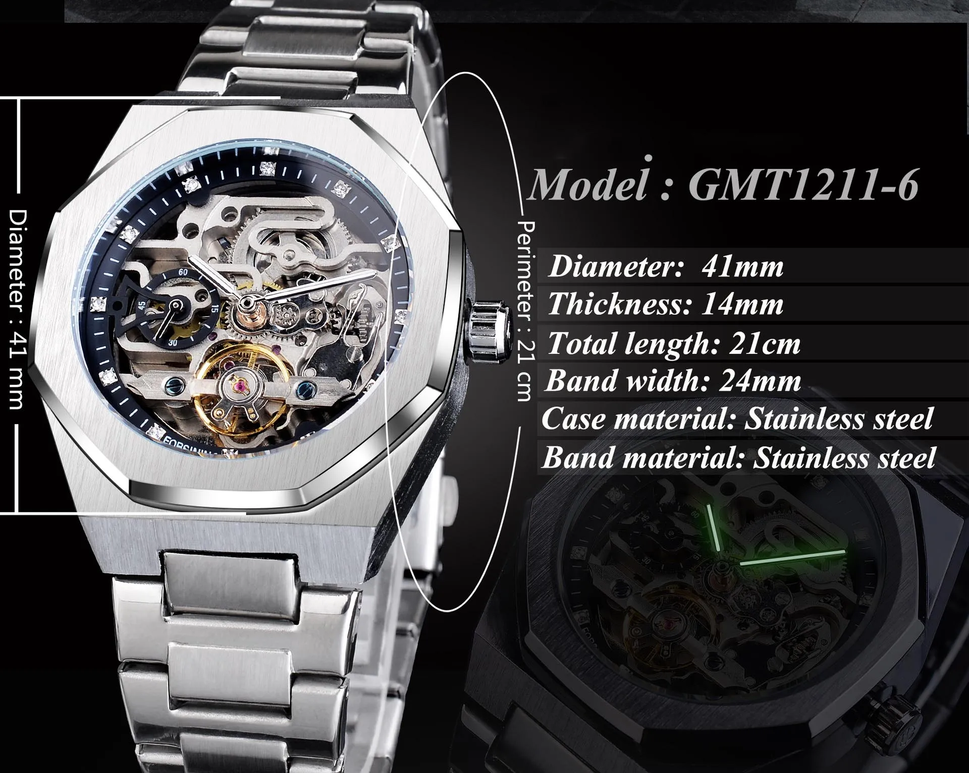 GMT1211 Men Wrist Top Brand Waterproof Fashion Design Luminous Male Relojes Hombre Iced Out Tourbillon Skeleton Mechanical Watch