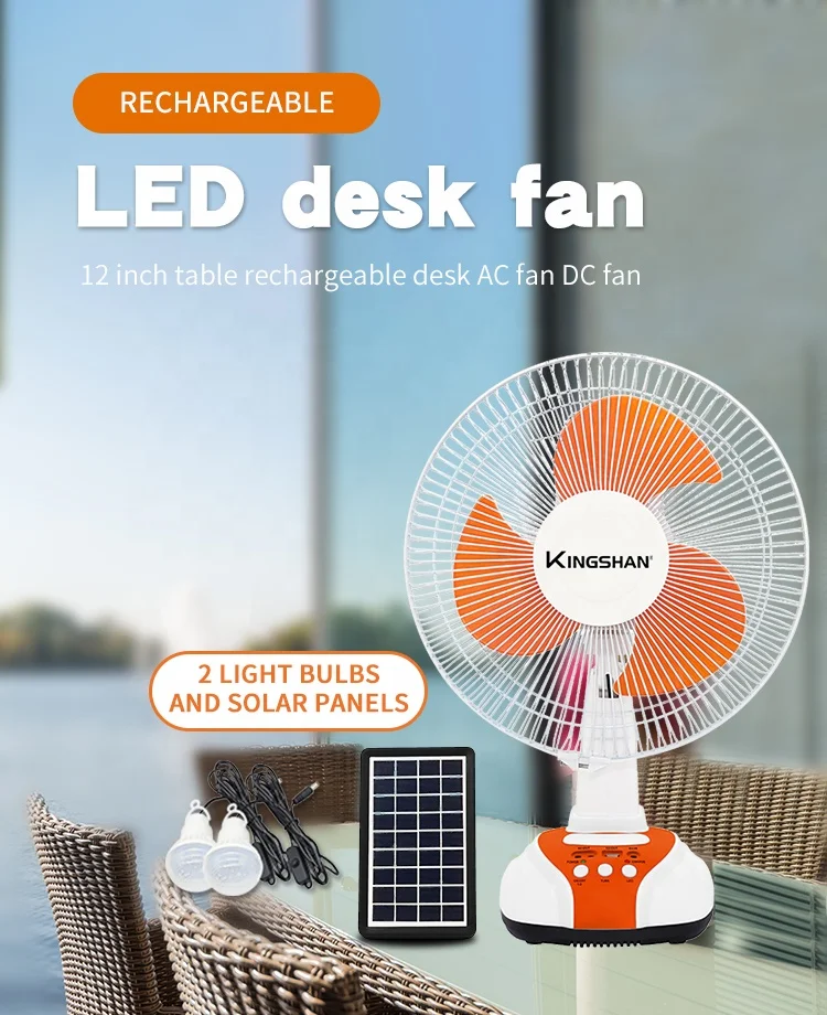 12V AC/DC Charging LED Light USB & Solar Powered 16/14/12 Inch Desk Fan Electric Table Fan with Plastic Plate for Outdoor Use