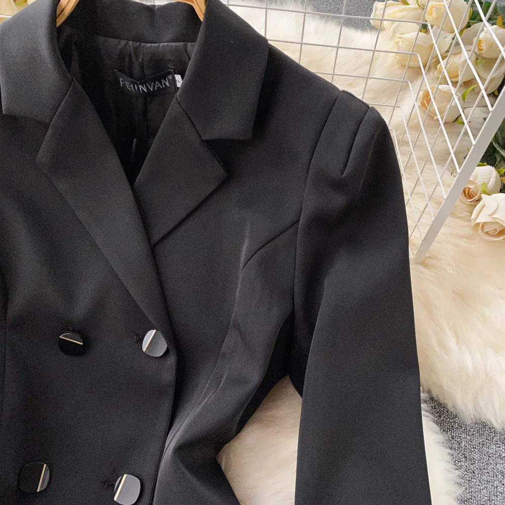 High End Spring Fall New Arrival Elegant Casual Sexy Double Breasted Black Coat Blazer Dress Women Clothing