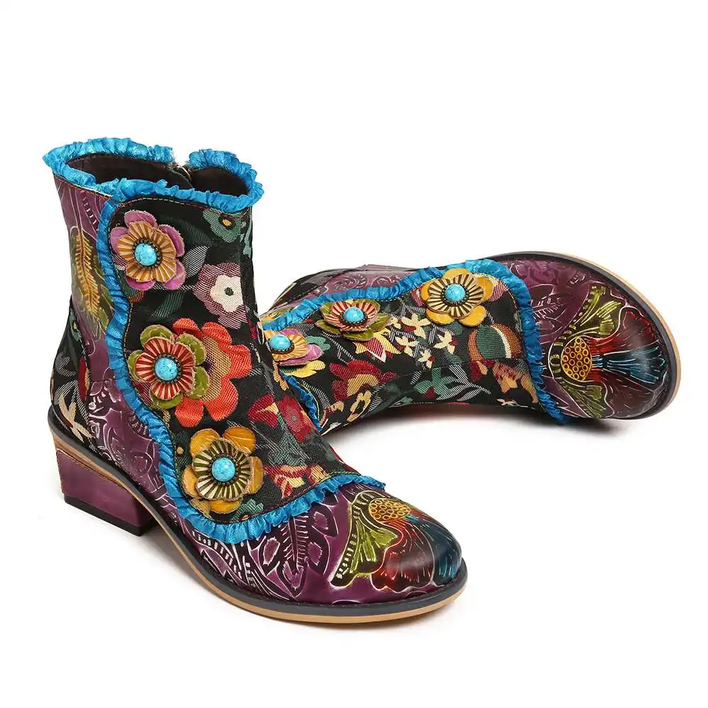 Socofy-botas Planas De Piel Auténtica Con Flores Y Cremallera Para  Mujer,Zapatos Elegantes,Estilo Retro,Color Azul - Buy Tobillo Botas Para  Mujer Botas Tobillo Botas De Tobillo De Damas Tobillo Botas Para Hombre  Diseño