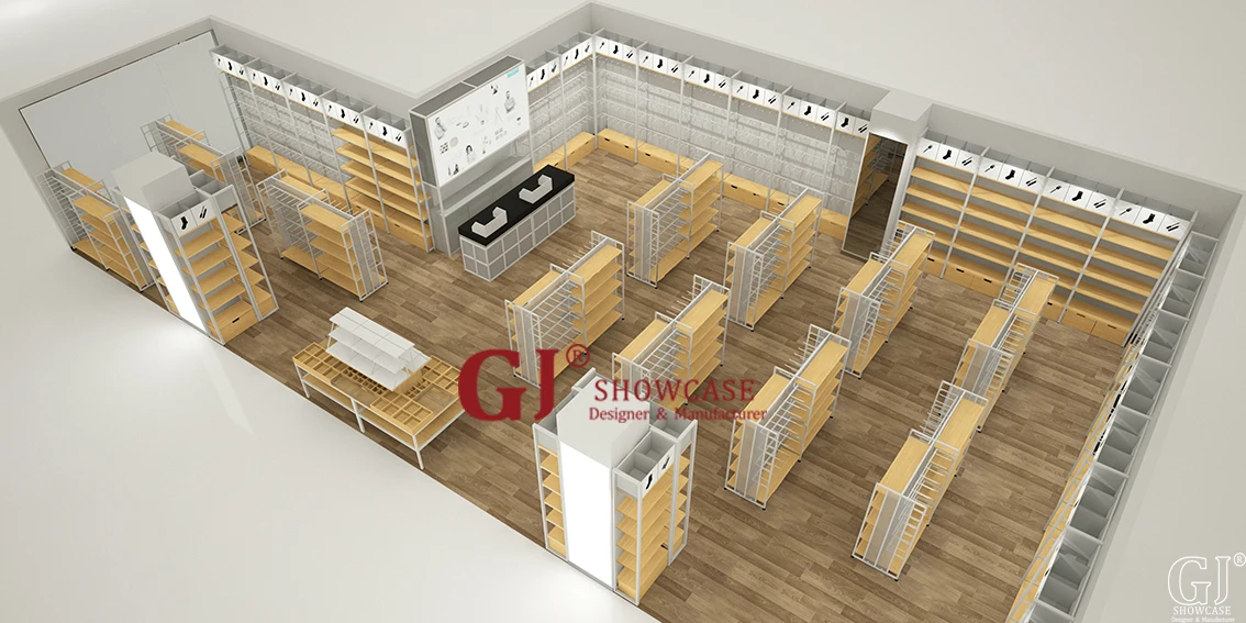 Free Retail Discount Store Fixtures Shop Furniture Layout Interior Design Wood Display Shelving Racks for Grocery Store