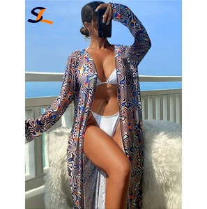 Custom 2026 Hot New Sexy Print Plus Size One Piece Bikini Cover up Long Sleeve Swimsuit Sarong Women Swimwear Skirt