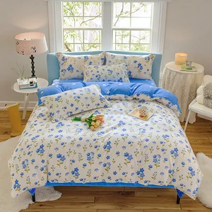 High Quality Modern Printed Duvet Cover Bed Sheet Pillowcases Bedding Set Washed Cotton Soft Comfortable Plant Floral Pattern