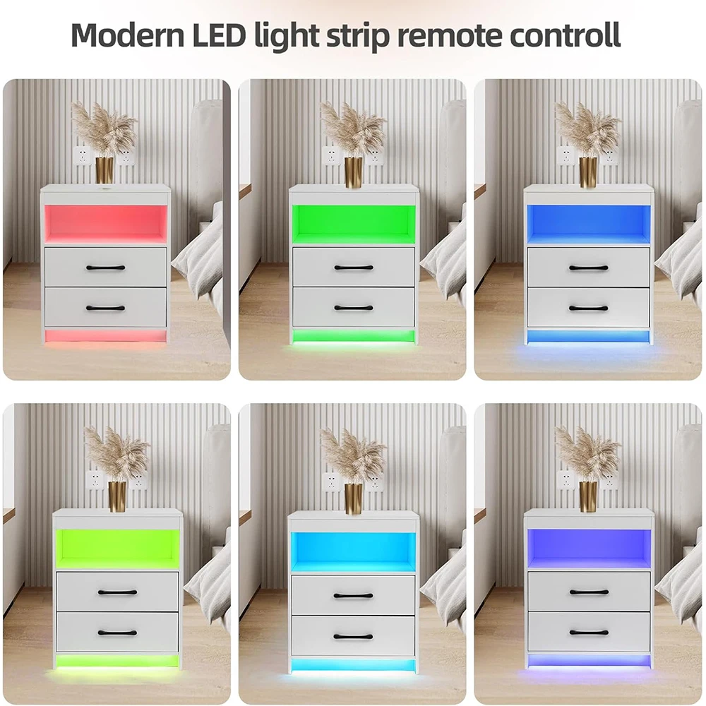product modern wooden nightstand charging station led ambient light usb c ports 2 drawers open compartment nu deco bedroom furniture-2