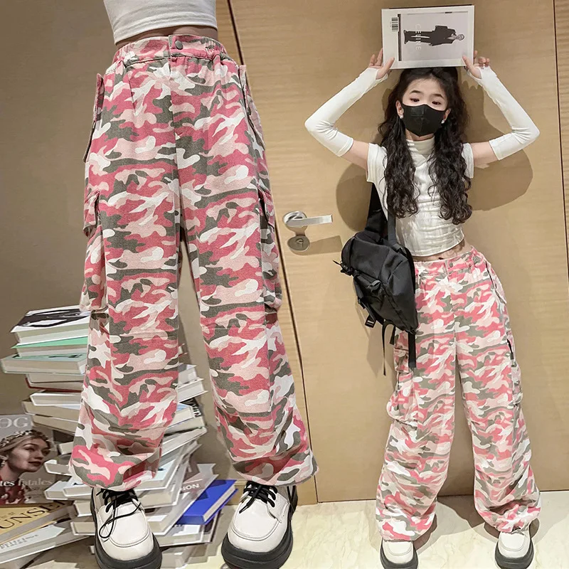 2023 новые осенние модные розовые повседневные камуфляжные брюки для больших девочек Классные брюки От 5 до 15 лет