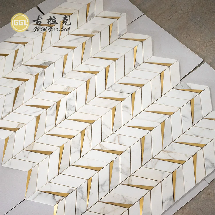 Chevron Marble Brass Mosaic Tiles For Wall And Floor Decoration & Marble Mosaics For Villa manufacture