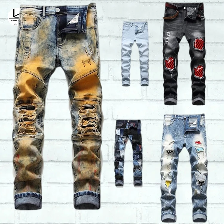 Source Custom made design casual denim pants high quality patchwork color ripped patches straight fit jeans men on