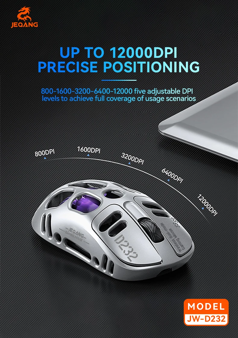 Jeqang JW-D232 RGB 2.4G BT Dual-Mode 6D Ergonomic Gaming Mouse Magnesium Alloy Hollow Design Optical Tracking Backlit