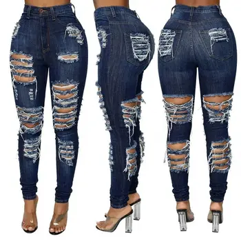 Womens Ripped Bell Bottom Plus Size Jeans Elastic Waist Flared Jean Pants