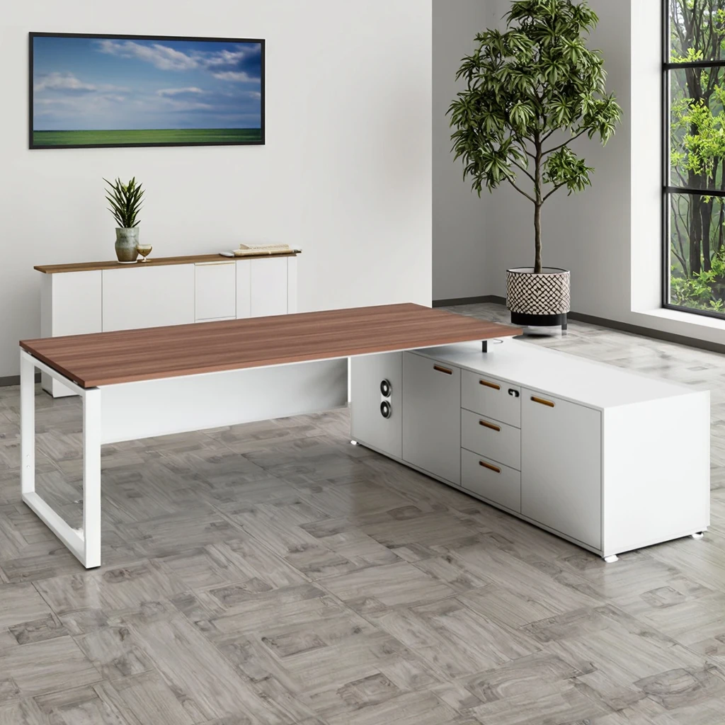 Modern High Quality Executive Office Desk with Multifunctional Lift Socket Storage Cabinet Steel Frame Workstation for Business 2