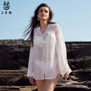 JSN 2026 Customized New Women's Solid Color Sexy Sheer Chiffon Beach Cover-up Swimsuit Beach Shirt Women's 3d Flower Beachwear