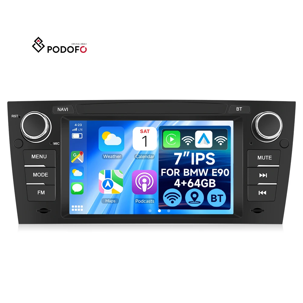 Podofo Android Car Radio for BMW E90 2005-2012 4+64G 7'' Wireless Carplay Android Auto Car Stereo GPS Wifi FM RDS ODM Wholesale A4676