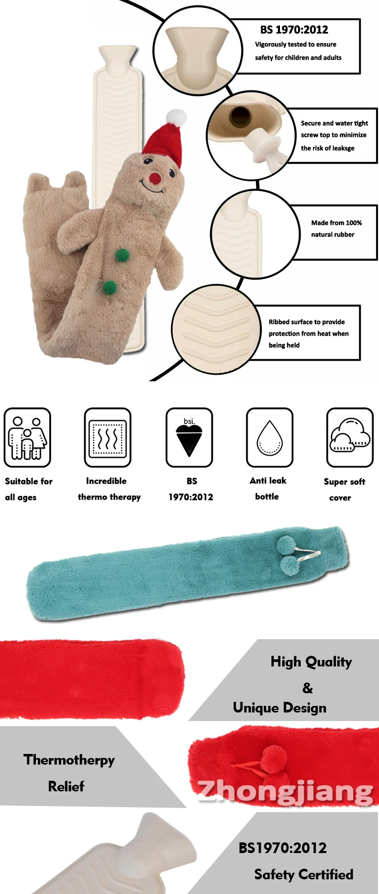 2024 new design christmas long rubber hot water bottle bag soft plush toy covers